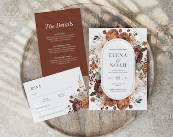 Moody Fall Wedding Invitation Suite, Canva Editable Terracotta Invite, Burnt Orange Wedding Invitation Bundle, Floral Wedding RSVP WEDK007