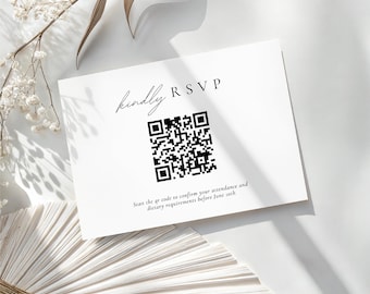 Carte RSVP de mariage minimale avec QR code, ensemble de modèles d'invitation imprimables modernes, réponse de réponse en ligne élégante, conception numérique Canva WEDK009