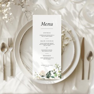 Plantilla de menú de boda, tarjeta de menú floral editable, decoración de boda imprimible, diseño bohemio minimalista personalizable, descarga digital instantánea WEDK006