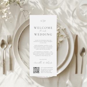 Biglietti di ringraziamento per foto di matrimonio con codice QR, menu di benvenuto per il tavolo dei ringraziamenti, biglietto di ringraziamento per matrimonio modificabile, modello Canva stampabile WEDK009