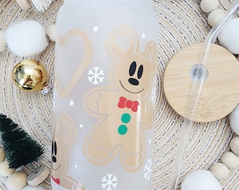 Gingerbread Mouse Beer Can Glass Cup with Bamboo Lid and Glass Straw | Frosted | Christmas | Iced Coffee Glass | Gift | Tumbler