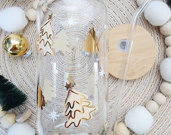 Christmas Tree Beer Can Glass Cup with Bamboo Lid and Glass Straw | Clear | Christmas | Iced Coffee Glass | Gift | Tumbler