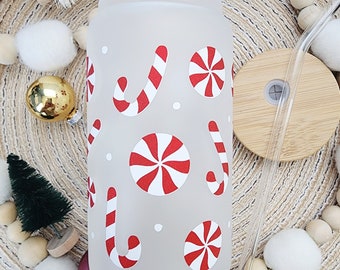 Candy Cane Peppermint Beer Can Glass Cup with Bamboo Lid and Glass Straw | Frosted  | Christmas | Iced Coffee Glass | Gift | Tumbler