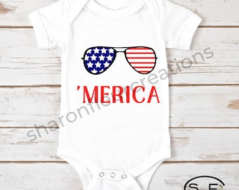 Merica Glasses Baby Bodysuit, Fourth of July Onesie®,4th of July Bodysuit, Merica Baby Onesie®, Funny 4th of July Gift