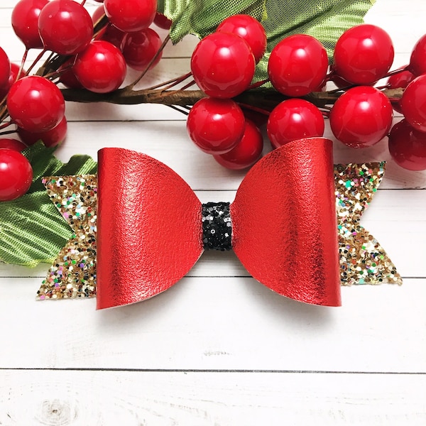 Holiday | Christmas Hair Bow | Glitter | Gold and Red