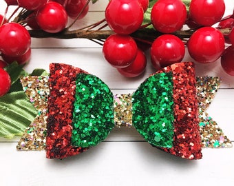 Holiday | Christmas Hair Bow | Glitter | Gold, Red and Green