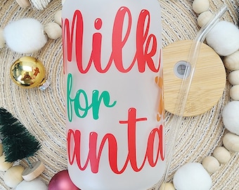 Milk for Santa Beer Can Glass Cup with Bamboo Lid and Glass Straw | Frosted  | Christmas | Iced Coffee Glass | Gift | Tumbler
