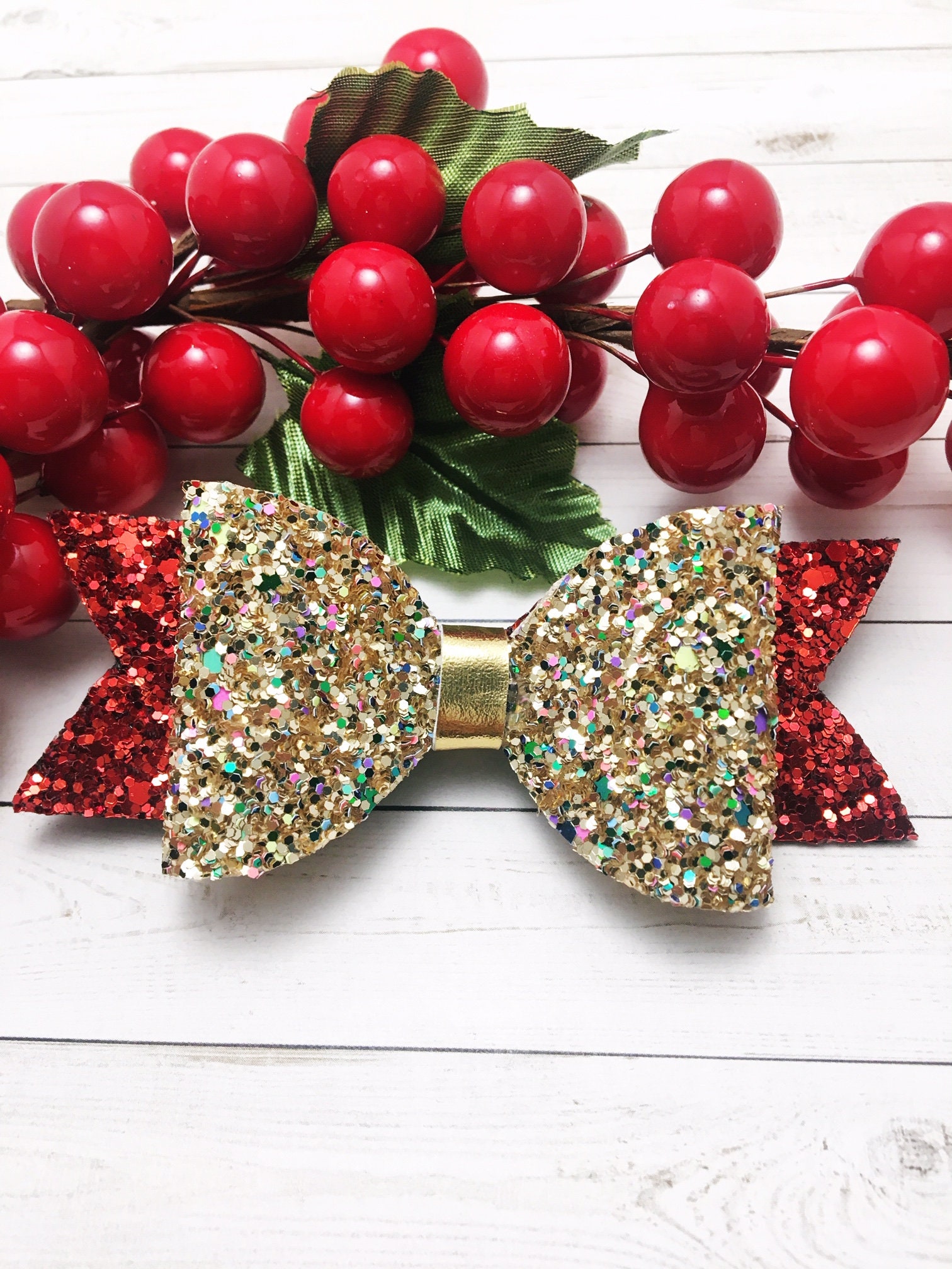 Holiday | Christmas Hair Bow | Glitter | Red and Gold - Etsy