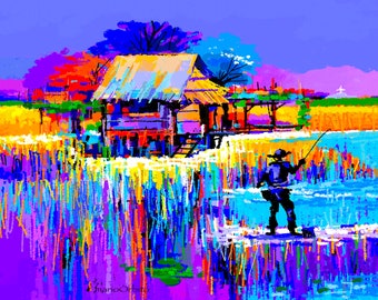May include: A colorful painting of a small hut with a thatched roof, surrounded by tall grass. A person is fishing in the water in front of the hut.