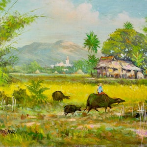 Bahay Kubo, Philippine art, Oriental art, Philippine ricefield scene, Rural Philippines scene, Nipa Hut, Philippine theme art,  Tiny homes