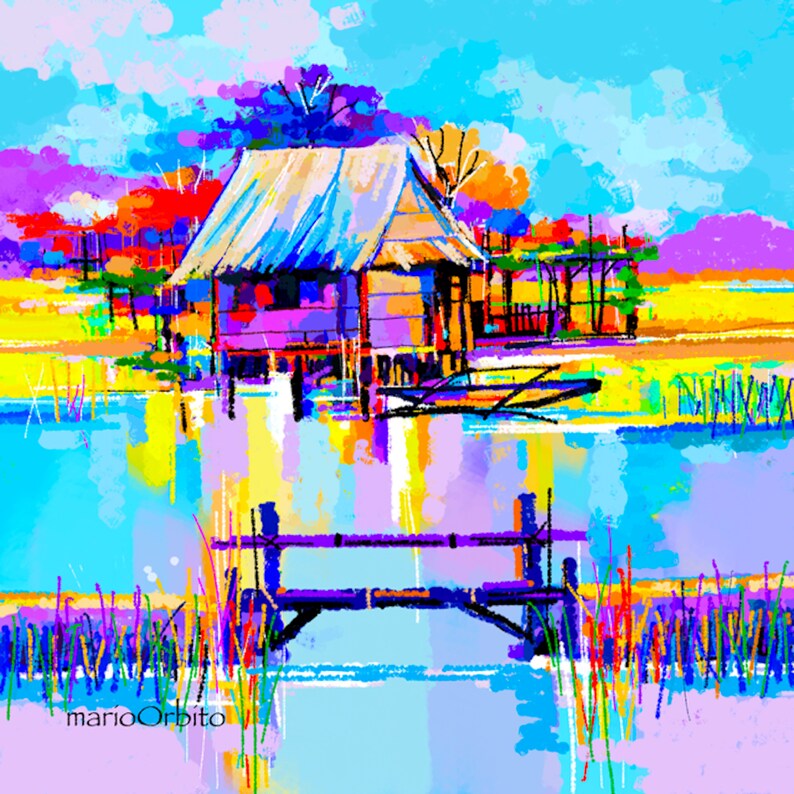 May include: A colorful painting of a small wooden house on stilts over a body of water. The house has a thatched roof and is surrounded by lush green vegetation. The water is a vibrant blue and reflects the colors of the sky and the house. The painting is done in a loose, impressionistic style.