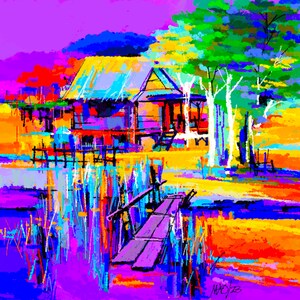 May include: A colorful abstract painting of a small wooden house with a thatched roof, a wooden bridge, and trees. The painting is done in a vibrant style with bright colors, including yellow, orange, red, green, blue, and purple.