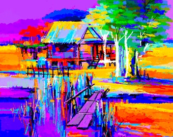 May include: A colorful abstract painting of a small wooden house with a thatched roof, a wooden bridge, and trees. The painting is done in a vibrant style with bright colors, including yellow, orange, red, green, blue, and purple.