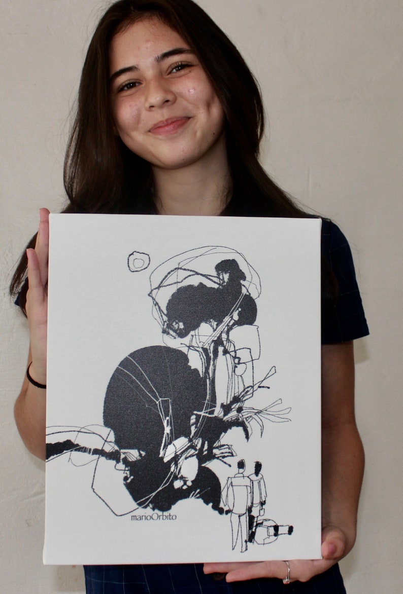 May include: A black and white abstract art print on canvas featuring a tree with a large black circle and two figures in the foreground. The artist's signature, "marioOrbito", is visible in the bottom left corner.