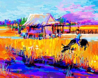 May include: A colorful painting of a rural scene with a small house, a person riding a water buffalo, and a field of yellow grass.