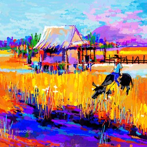 May include: A colorful painting of a rural scene with a small house, a person riding a water buffalo, and a field of yellow grass.