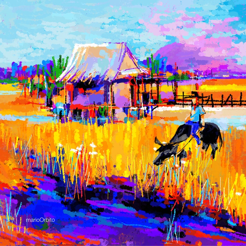 May include: A colorful painting of a rural scene with a small house, a person riding a water buffalo, and a field of yellow grass.