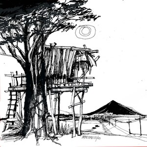 May include: Black and white ink drawing of a tree house with a thatched roof, built on stilts. The tree house is in front of a mountain and a sun in the sky.