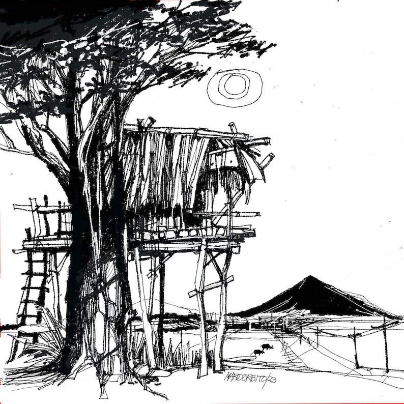 May include: Black and white ink drawing of a tree house with a thatched roof, built on stilts. The tree house is in front of a mountain and a sun in the sky.