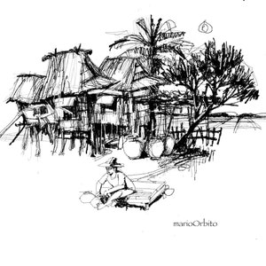 May include: A black and white ink drawing of a traditional house with a thatched roof, surrounded by palm trees and a person sitting on a platform. The drawing is signed "marioOrbito".