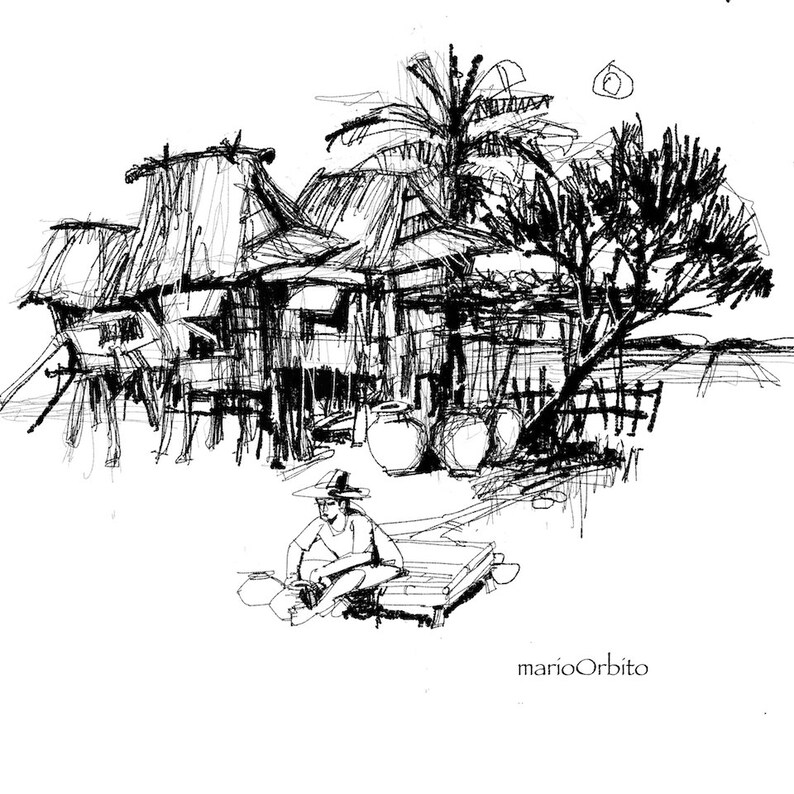 May include: A black and white ink drawing of a traditional house with a thatched roof, surrounded by palm trees and a person sitting on a platform. The drawing is signed "marioOrbito".