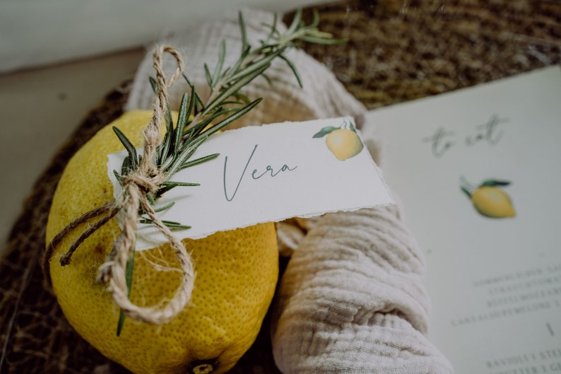 Name plate wedding Mediterranean Wedding Name tag lemon Place card Wedding stationery torn edges approx. 8 x 4 cm image 1