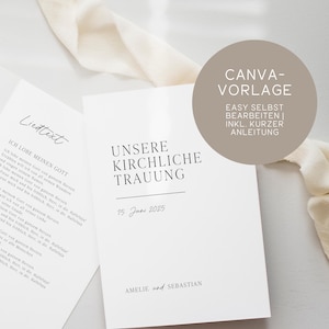 Könnte beinhalten: Ein Hochzeitskarten-Set mit zwei weißen Karten und schwarzem Text. Eine Karte zeigt den Text "UNSERE KIRCHLICHE TRAUUNG" und das Datum "15 Juni 2025". Die andere Karte hat den Text "Liedtext". Ein beiges Band und eine kreisförmige Grafik sind ebenfalls sichtbar.