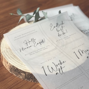 Puede incluir: Un conjunto de tarjetas de hitos con elegante escritura negra sobre papel translúcido. Las tarjetas presentan frases como "¡Hola angelito!" y "1 semana". Las tarjetas están dispuestas sobre una rodaja de madera, con ramitas de eucalipto en el fondo.