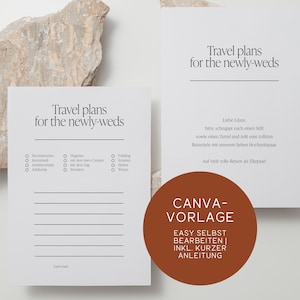 Peut inclure: Papier blanc avec le texte "Travel plans for the newly-weds" dans une police minimaliste. Le papier comprend des cases à cocher pour les options de voyage et des lignes pour les notes. Un cercle marron avec du texte indique "CANVA-VORLAGE".