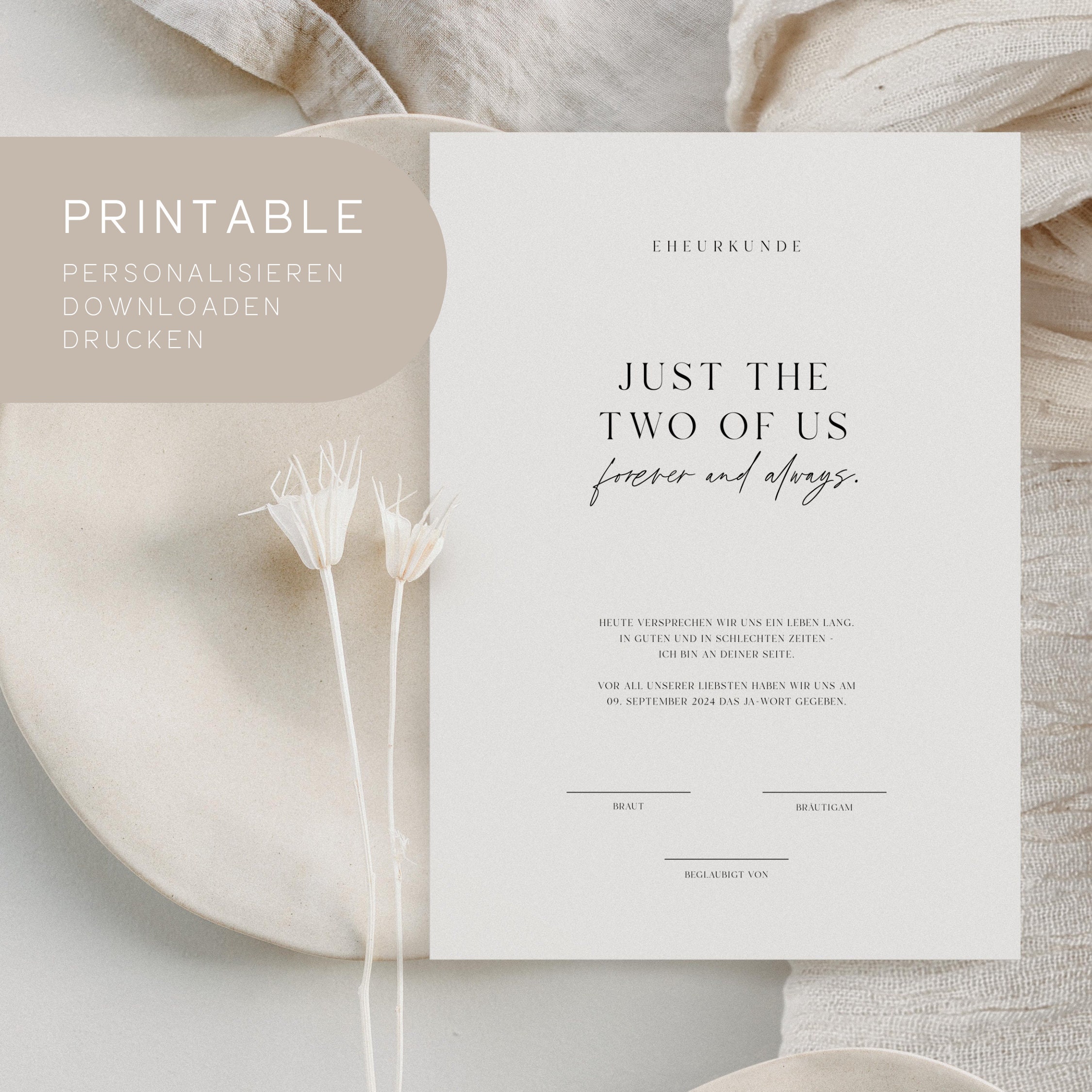 Printable | Marriage certificate | Wedding certificate | Simple certificate wedding | Personalize, download & print directly | A4