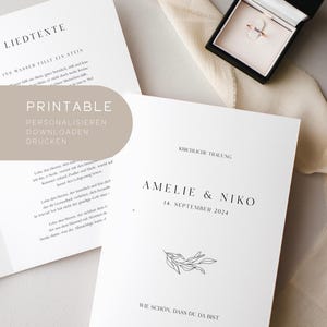 Imprimible | Programa de boda | Plantilla de programa de la iglesia | Orden del servicio de la iglesia con letras de canciones | Descargar, personalizar e imprimir (o mandar a imprimir) | DIN A4