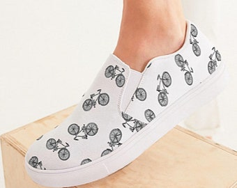 Black and White Bicycle Slip On Canvas Shoes