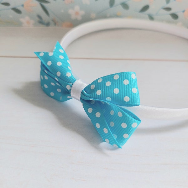 White Headband with Blue Bow Dotty, Turquoise Blue Bow with Polka Dots on White Alice Band, School Headband Girl, Bow Alice Band UK