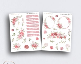 WEEKLY Journaling Deco Stickers, MINI Pink Roses Planner Kit, Transparent Clear or Matte Journaling Sticker Sheet for BUJO Planners