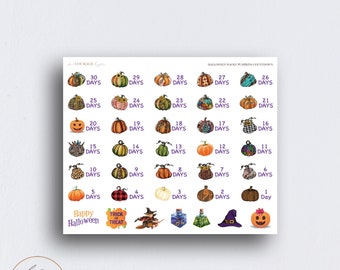 Halloween Countdown Planner Stickers, Wacky Spooky Pumpkins 30 Days Countdown to Halloween, Mini Stickers for BUJO Planners, Bullet Journals