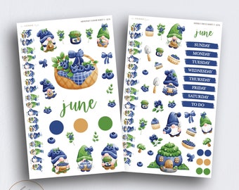 Gnome Planner Sticker Kit, BLUEBERRY PIE Gnome Weekly Planner Kit Deco, JUNE Blueberry Gnomies, Gnome Stickers for Bullet Journal Planners