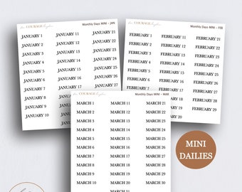 DAILIES Date Script Stickers, MINI SIZE Small Monthly Dailies Scripts, 1 - 31 Days (varies by month) for Bullet Journals and Planners