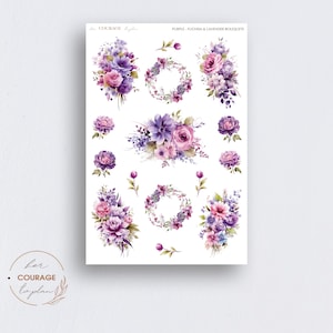 Purple Florals Journal Planner Stickers, FUCHSIA LAVENDER BOUQUETS, Purple Flowers Bouquets Deco Stickers for Bullet Journals Planners