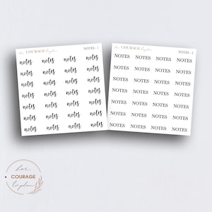 May include: Two sheets of white sticker paper with black text. The text on the left sheet says "notes" and the text on the right sheet says "NOTES". The text on both sheets is repeated multiple times.