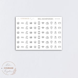 May include: A sheet of 5 rows of 8 black and white icons for bill reminders. The icons include a house, a bag of money, a can, a car, a shield, a phone, a TV, an umbrella, and a credit card.