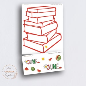 May include: A printable June book tracker with a stack of books outlined in red, a sun, and watermelon illustrations. The text "JUNE" is written in red and green letters with a sun and watermelon illustration.