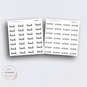 May include: Two sheets of white sticker paper with black text. The text on the left sheet says "LUNCH-1" and has the word "lunch" repeated 16 times. The text on the right sheet says "LUNCH-2" and has the word "LUNCH" repeated 16 times. The text on both sheets is in a cursive font.