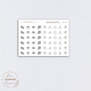 May include: A sheet of stickers with social media icons. The icons include a camera, a cloud, a phone, a heart, a thumbs up, a speech bubble, a bell, and a paper airplane. The text "SOCIAL POSTS TINY ICONS" is at the top of the sheet.