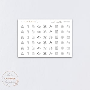 May include: A sheet of black and white car care icons. The icons include a car, gas can, wrench, oil change, car inspection, tire, and battery. The icons are repeated five times on the sheet. The text "CAR CARE TINY ICONS" is at the top of the sheet.