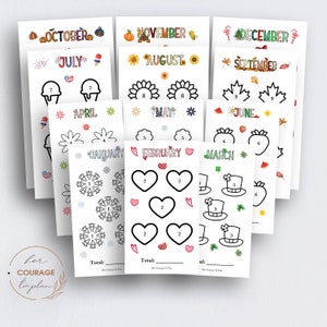 May include: A set of 12 printable monthly calendar pages featuring a different design for each month. Each page includes a title with the month's name, a space for a total, and a design with a number of items to color in. The designs include snowflakes, hearts, hats, strawberries, sunflowers, ice cream cones, fireworks, pumpkins, leaves, candy canes, and flowers.