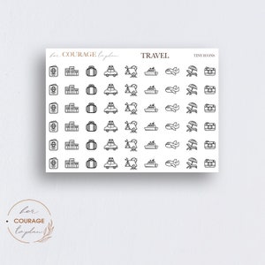 May include: A sheet of stickers with black and white travel icons. The icons include a passport, hotel, suitcase, car, tent, cruise ship, airplane, beach umbrella, and camera. The text "TRAVEL TINY ICONS" is at the top of the sheet.