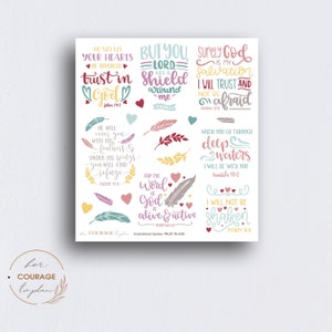 May include: A set of 10 colorful printable stickers with inspirational quotes about trust in God. The stickers feature feathers, hearts, and scripture verses. The text includes "Trust in God", "He will cover you with his feathers", "But you Lord are a shield around me", "Surely God is my salvation", "When you go through deep waters I will be with you", "For the word of God is alive and active", and "I will not be shaken".