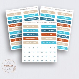 May include: A set of colorful planner stickers with days of the week, "To Do", "This Week", and "Next Week" labels. The stickers are in shades of blue, brown, and beige with a brushstroke design. The stickers are designed for use in a planner or journal.