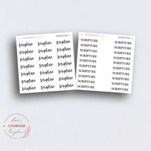 May include: Two sheets of white stickers with the word "Scripture" printed in black. One sheet has the word in a cursive font, repeated multiple times. The other sheet has the word in a block font, repeated multiple times. The logo "her COURAGE to plan" is in the bottom left corner.