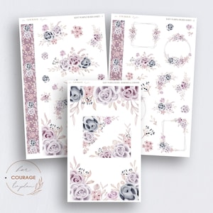 Floral Journal Stickers, SOFT PURPLE ROSES Planner Stickers, Winter Purple Roses, Bullet Journal Planners, Transparent Clear or White Matte